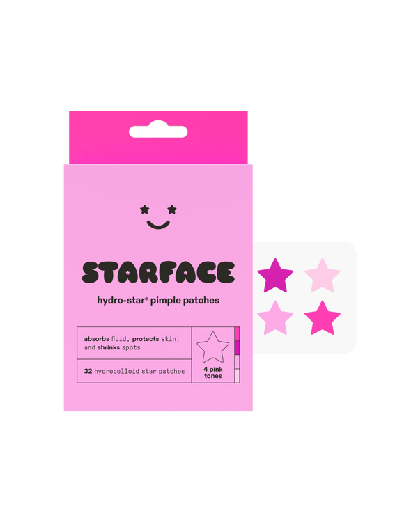 Starface Pink Star packaging beside a sheet of pink Hydro-Star® star-shaped pimple patches. 32 hydrocolloid stars.