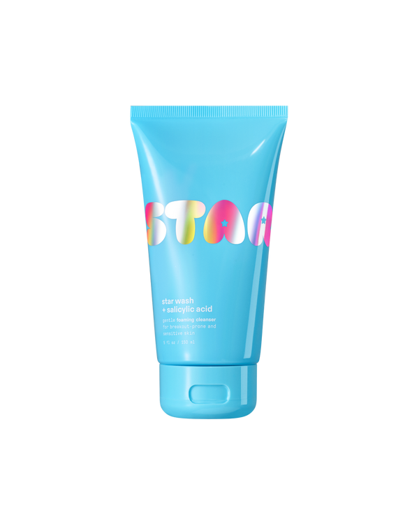 Starface Star Wash® + Salicylic Acid, an oil-free foaming face wash on a plain background. Helps minimize breakouts.