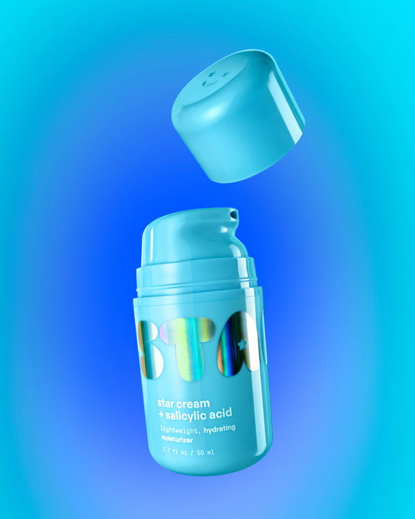 A container of Starface Star Cream® + Salicylic Acid moisturizer. Oil-free formula with hyaluronic acid and niacinamide.