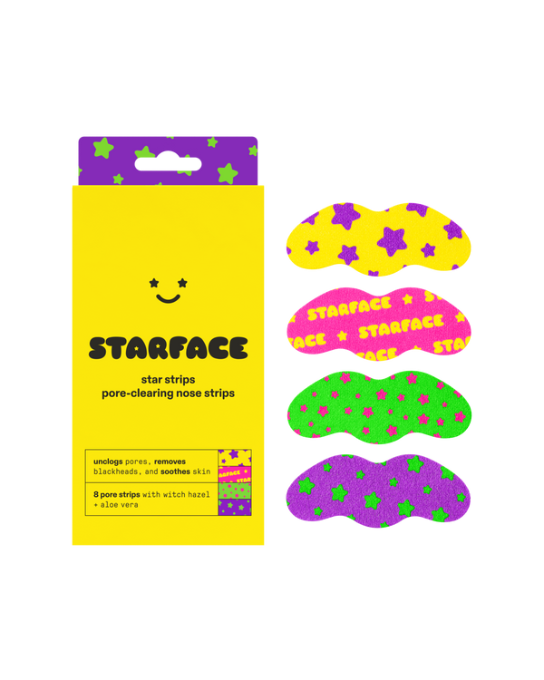 Starface Star Strips™ pore-clearing nose strips packaging. Colorful strips that lift away blackheads and unclog pores.