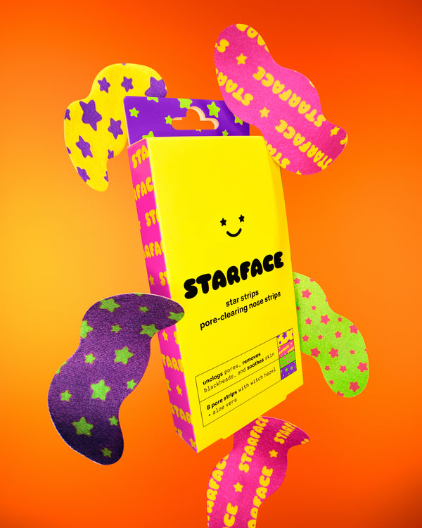 A pack of Starface Star Strips™ pore strips in four colorful designs. Made with soothing aloe vera and witch hazel.
