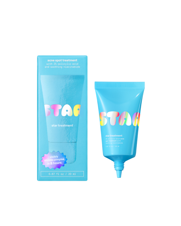 Starface Star Treatment™, a 2% salicylic acid acne spot treatment, on a plain background. Visibly shrinks pimples in 8 hours.