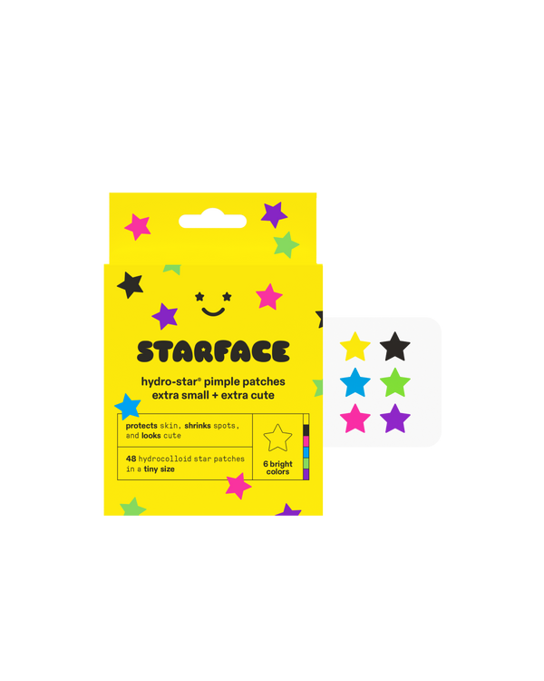 Starface Tiny Star packaging beside a sheet of extra-small Hydro-Star® star-shaped pimple patches. 48 hydrocolloid stars.